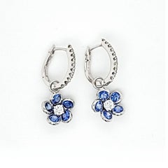 1.54 CT Natural Blue Sapphire 0.43 CT Diamonds 18K White Gold Flower Earrings