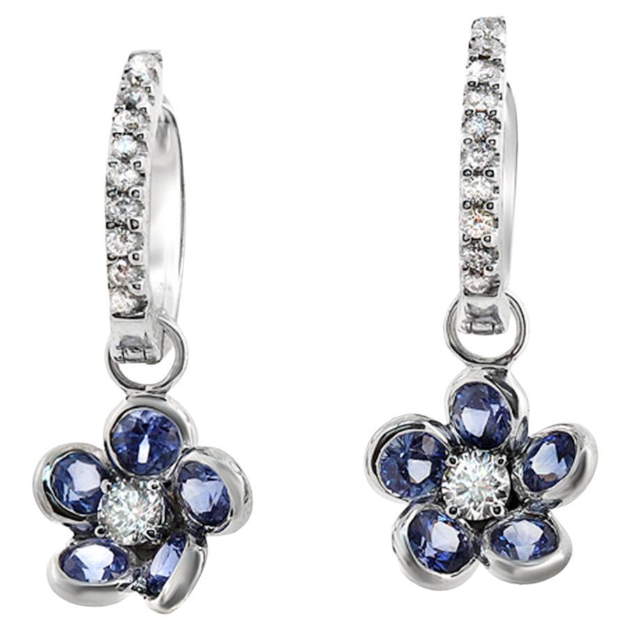 1.54 CT Natural Blue Sapphire 0.43 CT Diamonds 18K White Gold Flower Earrings