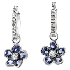 1.54 CT Zafiro Azul Natural 0.43 CT Diamantes Pendientes Flor de Oro Blanco de 18K