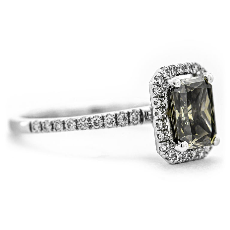 Radiant Cut 1.54 Ct Natural Fancy Dark Grey Green Yellow Diamond Ring For Sale