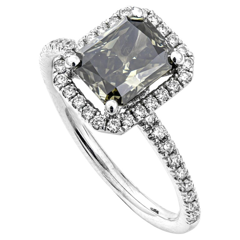 1.54 Ct Natural Fancy Dark Grey Green Yellow Diamond Ring For Sale