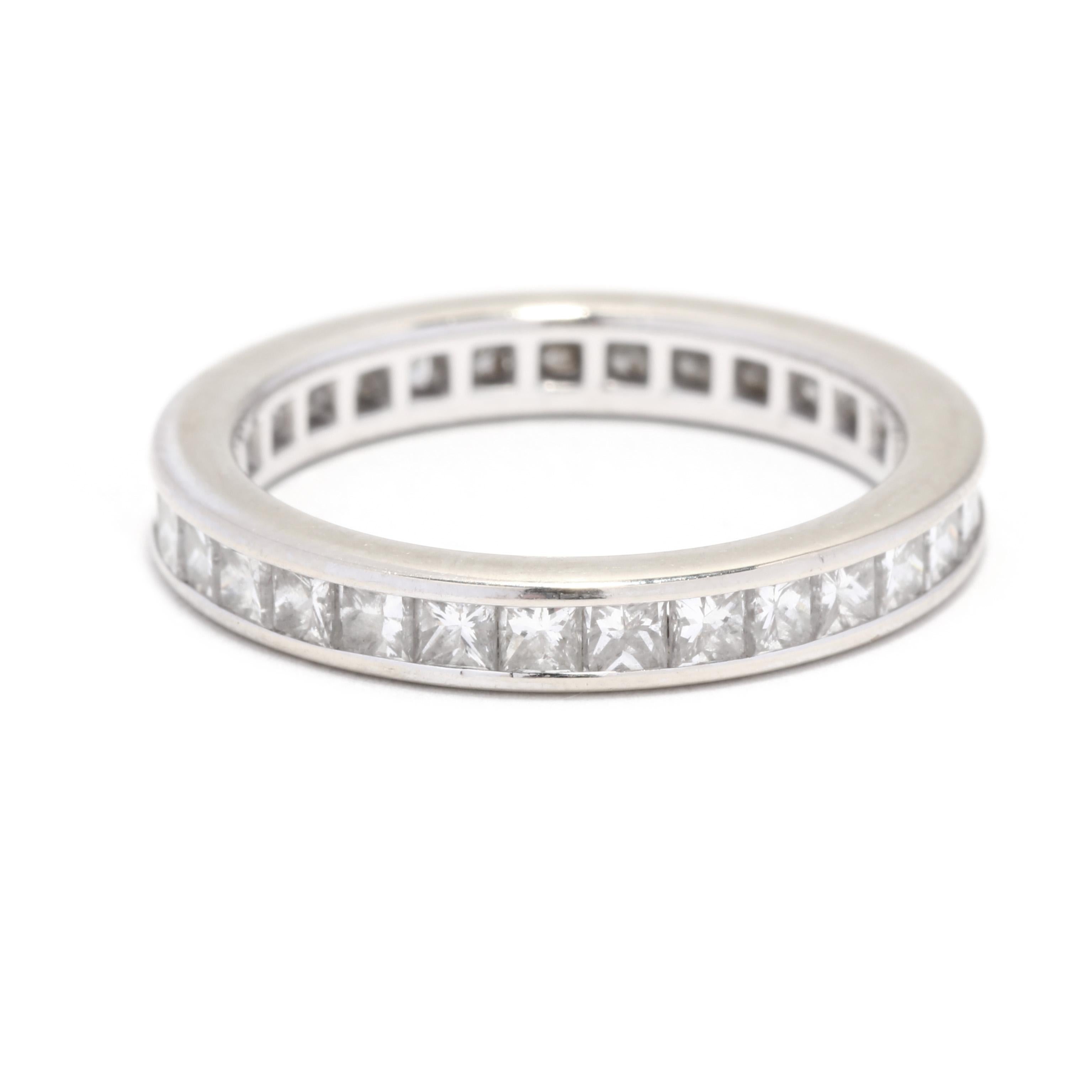 This stunning princess cut diamond eternity band is the epitome of elegance and sophistication. The band is crafted from 14k white gold and is the perfect ring size 6. With 1.54 ctw of sparkling princess cut diamonds, this ring is sure to catch the