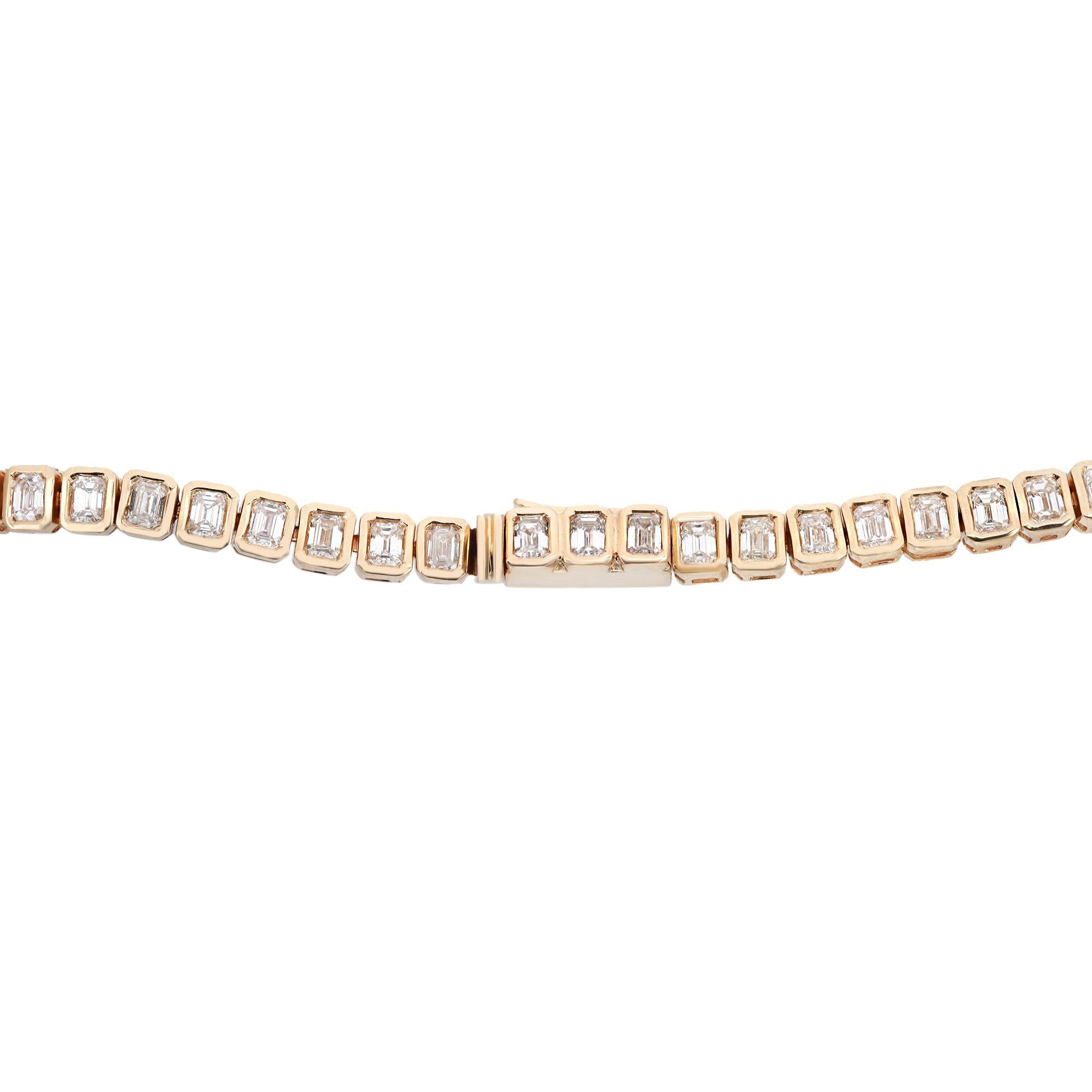 Women's 15.40 Carat Emerald Cut Bezel Set Diamond Tennis Necklace 18K Yellow Gold  For Sale