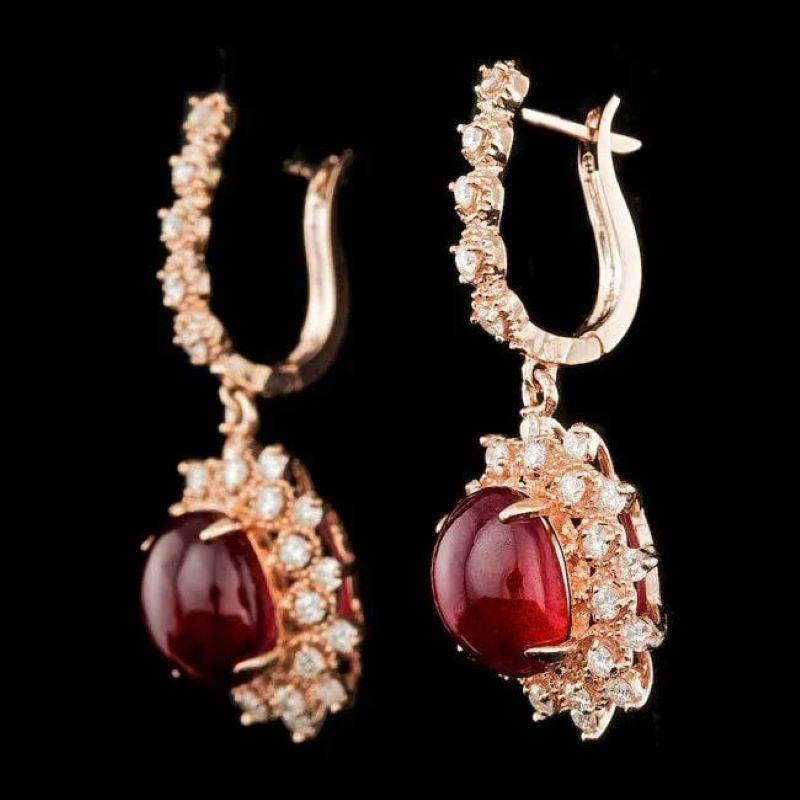 15.40Ct Natural Ruby and Diamond 14K Solid Rose Gold Earrings

Total Natural Round Cut Diamonds Weight: Approx.  1.50 Carats (color G-H / Clarity SI1-SI2)

Total Natural Rubies Weight: Approx.  13.90 Carats

Ruby  Measures: Approx. 11 x 9 mm

Ruby
