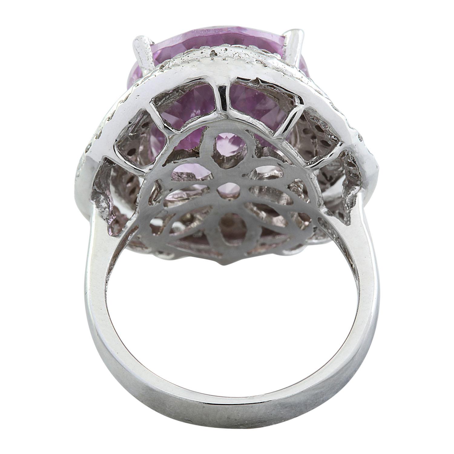 15.42 Carat Natural Kunzite 14 Karat Solid White Gold Diamond Ring In New Condition For Sale In Los Angeles, CA