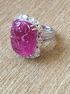 15.42 Carats, Carved Rubellite & Diamonds Cocktail Ring /Pendant Necklace