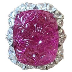 15.42 Carats, Carved Rubellite & Diamonds Cocktail Ring /Pendant Necklace 