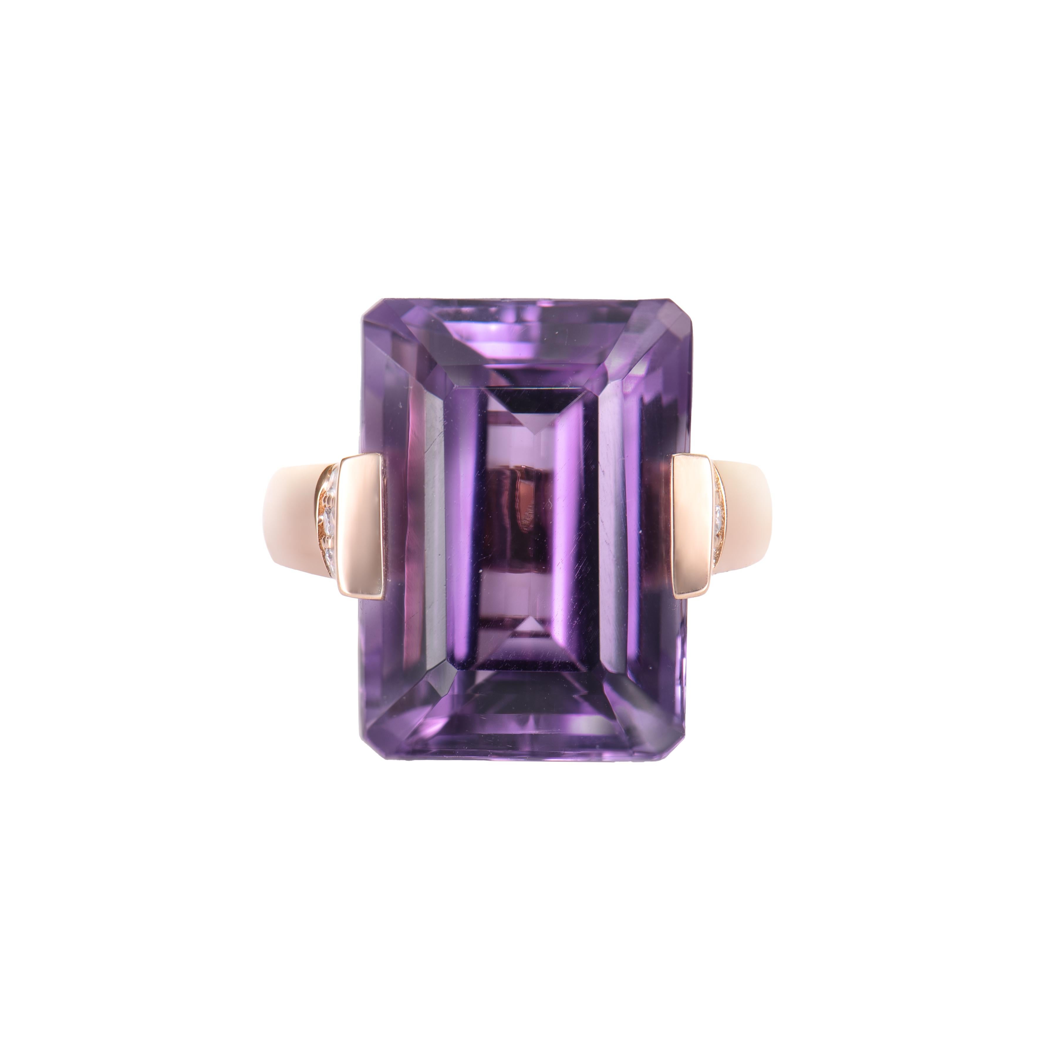 Contemporary 15.43 Carat Amethyst Fancy Ring in 18Karat Rose Gold with White Diamond For Sale