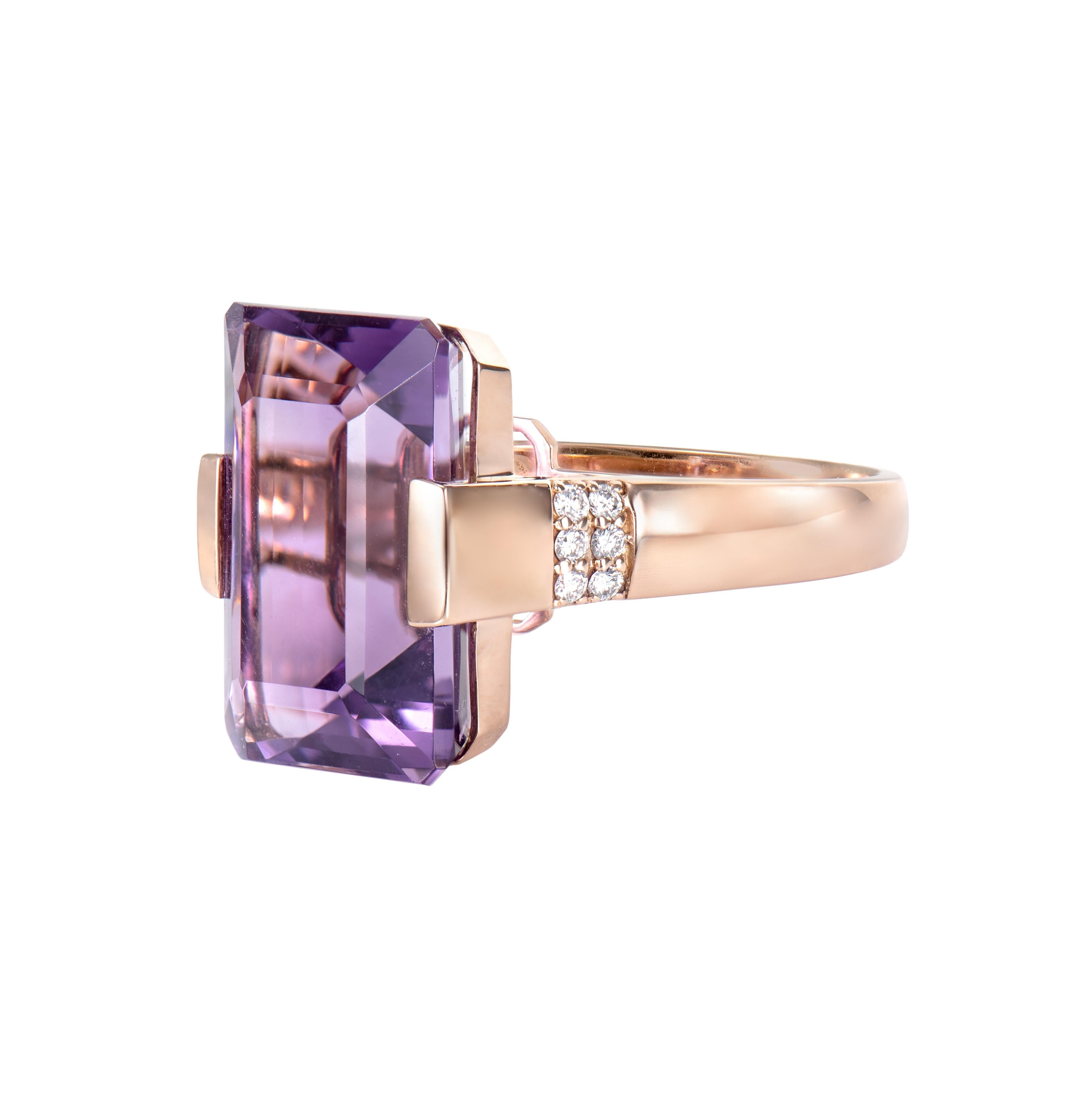 Octagon Cut 15.43 Carat Amethyst Fancy Ring in 18Karat Rose Gold with White Diamond For Sale