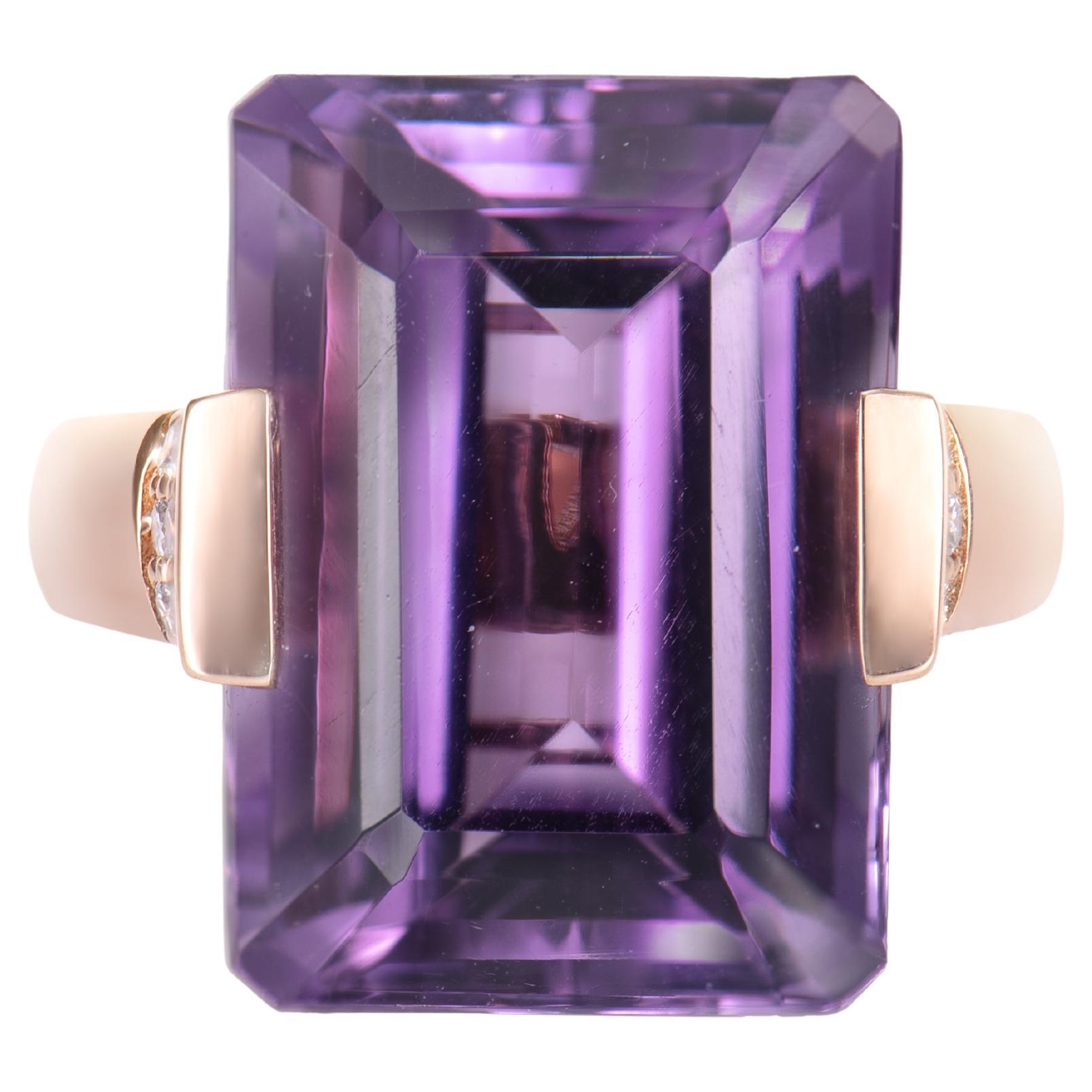 15.43 Carat Amethyst Fancy Ring in 18Karat Rose Gold with White Diamond For Sale