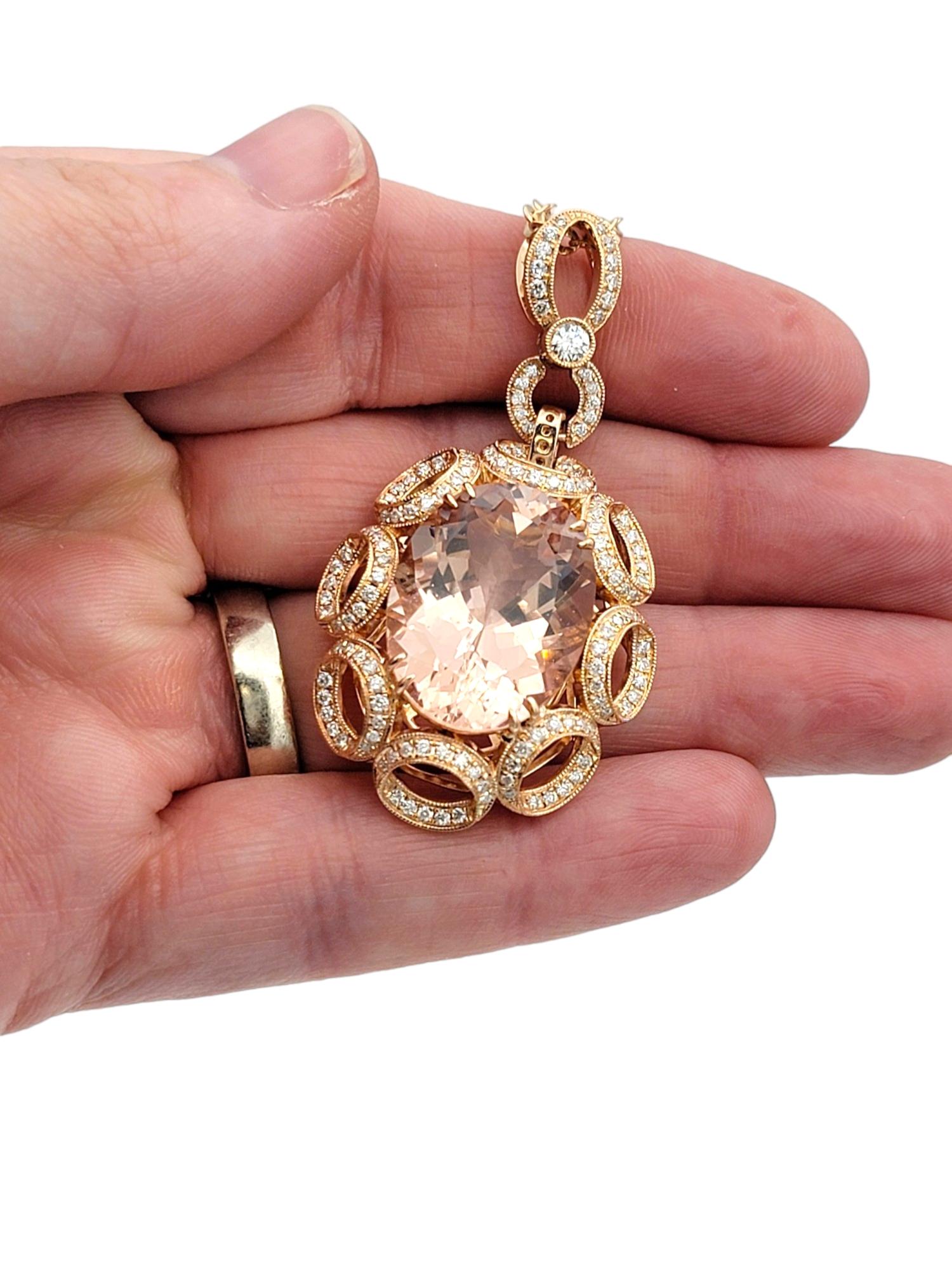 15.43 Carat Oval Morganite Pendant Necklace with Diamonds in 14 Karat Rose Gold For Sale 4