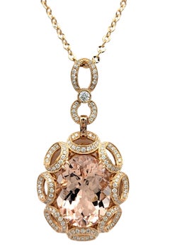 15.43 Carat Oval Morganite Pendant Necklace with Diamonds in 14 Karat Rose Gold