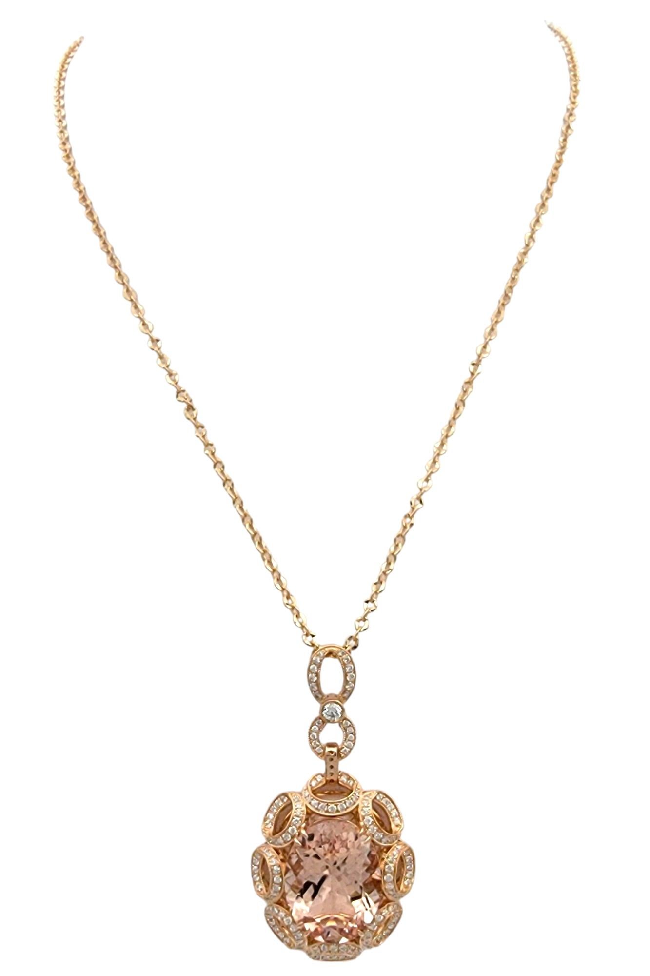Contemporary 15.43 Carat Oval Morganite Pendant Necklace with Diamonds in 14 Karat Rose Gold For Sale