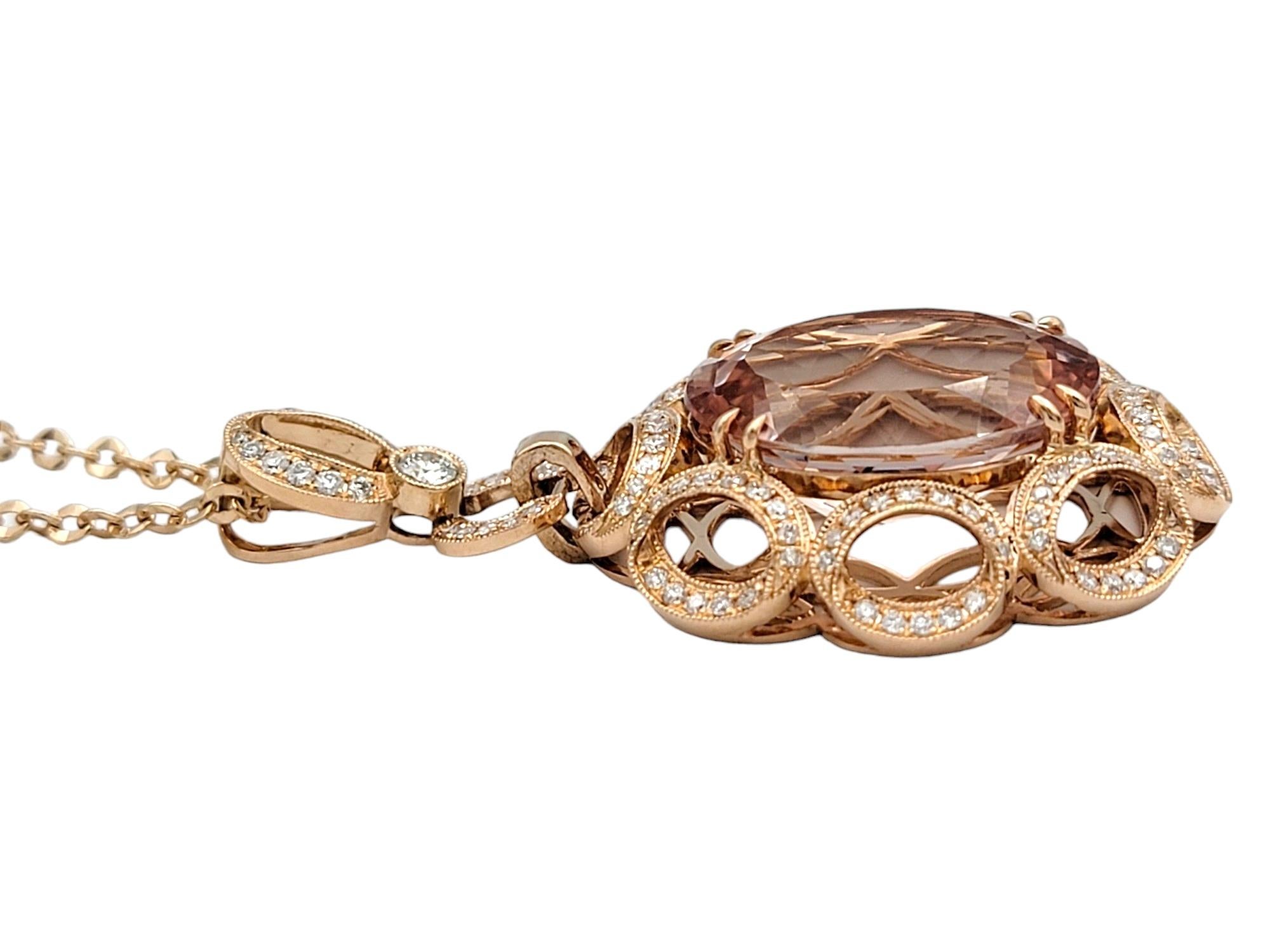Oval Cut 15.43 Carat Oval Morganite Pendant Necklace with Diamonds in 14 Karat Rose Gold For Sale