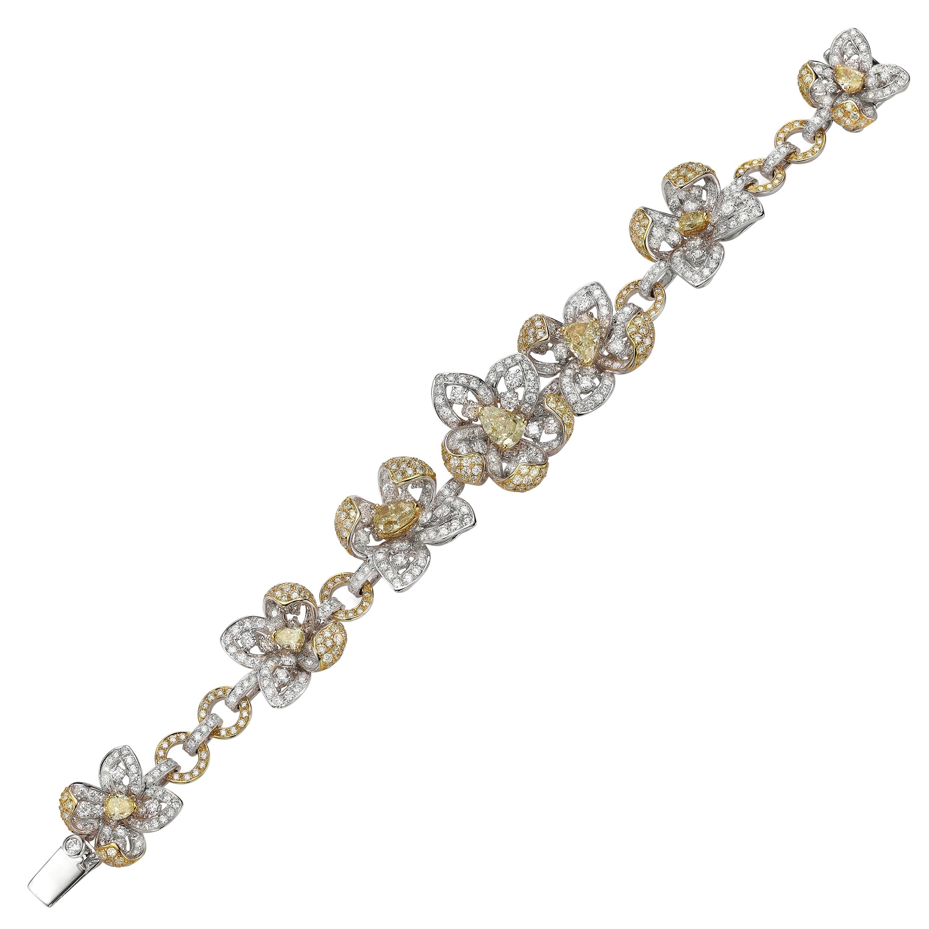 15.45 Carat Pear Shape Yellow and White Diamond 18 Karat Gold Floral Bracelet