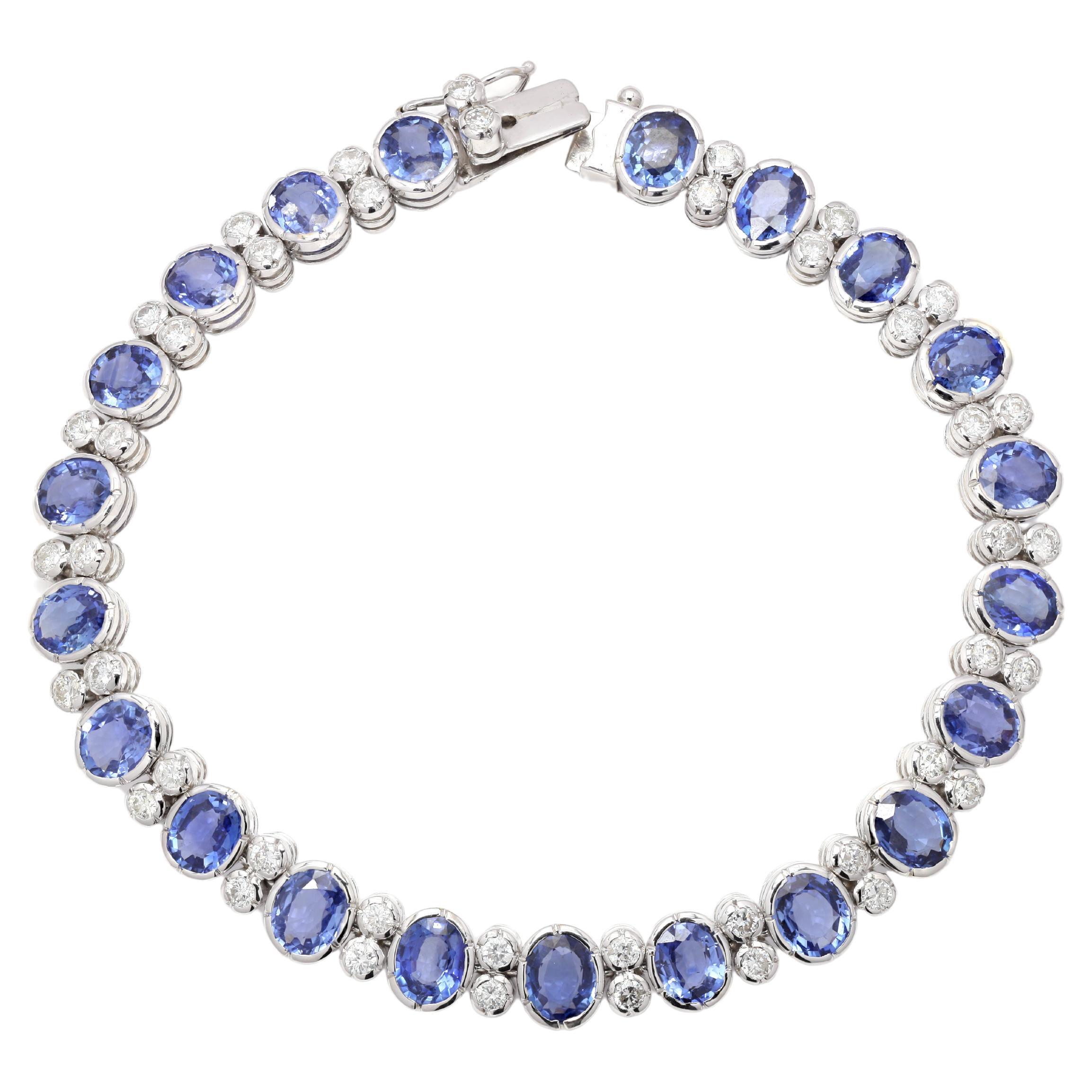15.45 Carat Blue Sapphire Wedding Bracelet with Diamonds Inset 18K White Gold For Sale