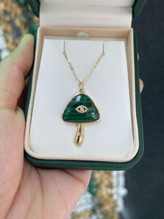 15.45tcw 14K Malachite & Diamond Mushroom Evil Eye Pendant Necklace Bezel Set