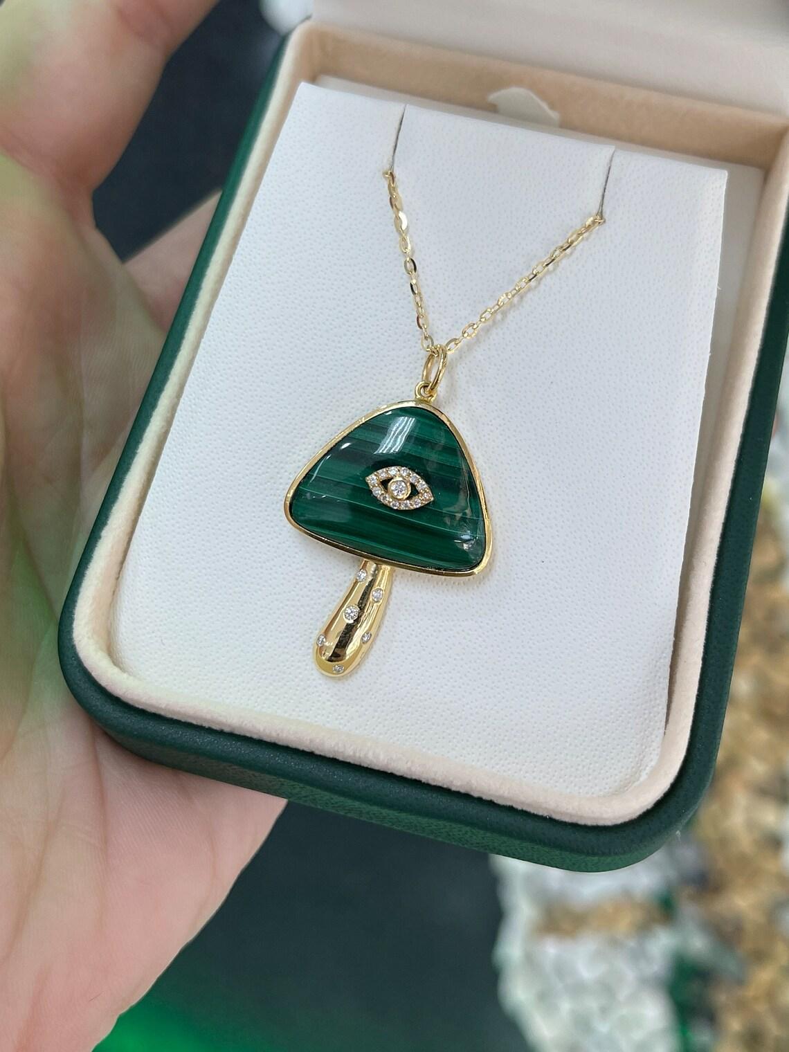 Modern 15.45tcw 14K Malachite & Diamond Mushroom Evil Eye Pendant Necklace Bezel Set For Sale