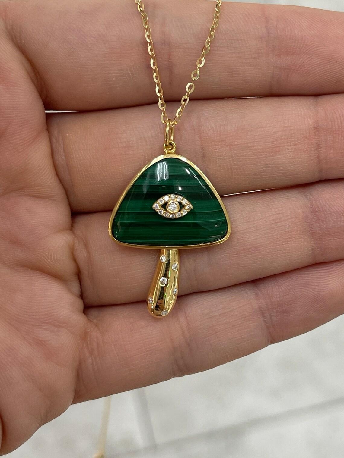 Women's 15.45tcw 14K Malachite & Diamond Mushroom Evil Eye Pendant Necklace Bezel Set For Sale
