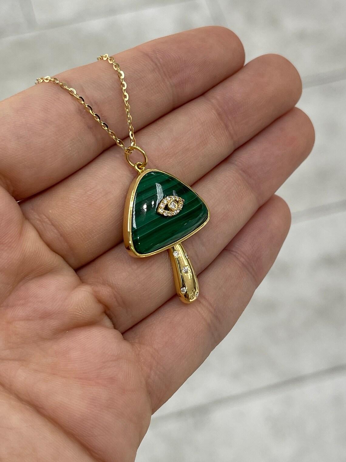 15.45tcw 14K Malachite & Diamond Mushroom Evil Eye Pendant Necklace Bezel Set For Sale 1