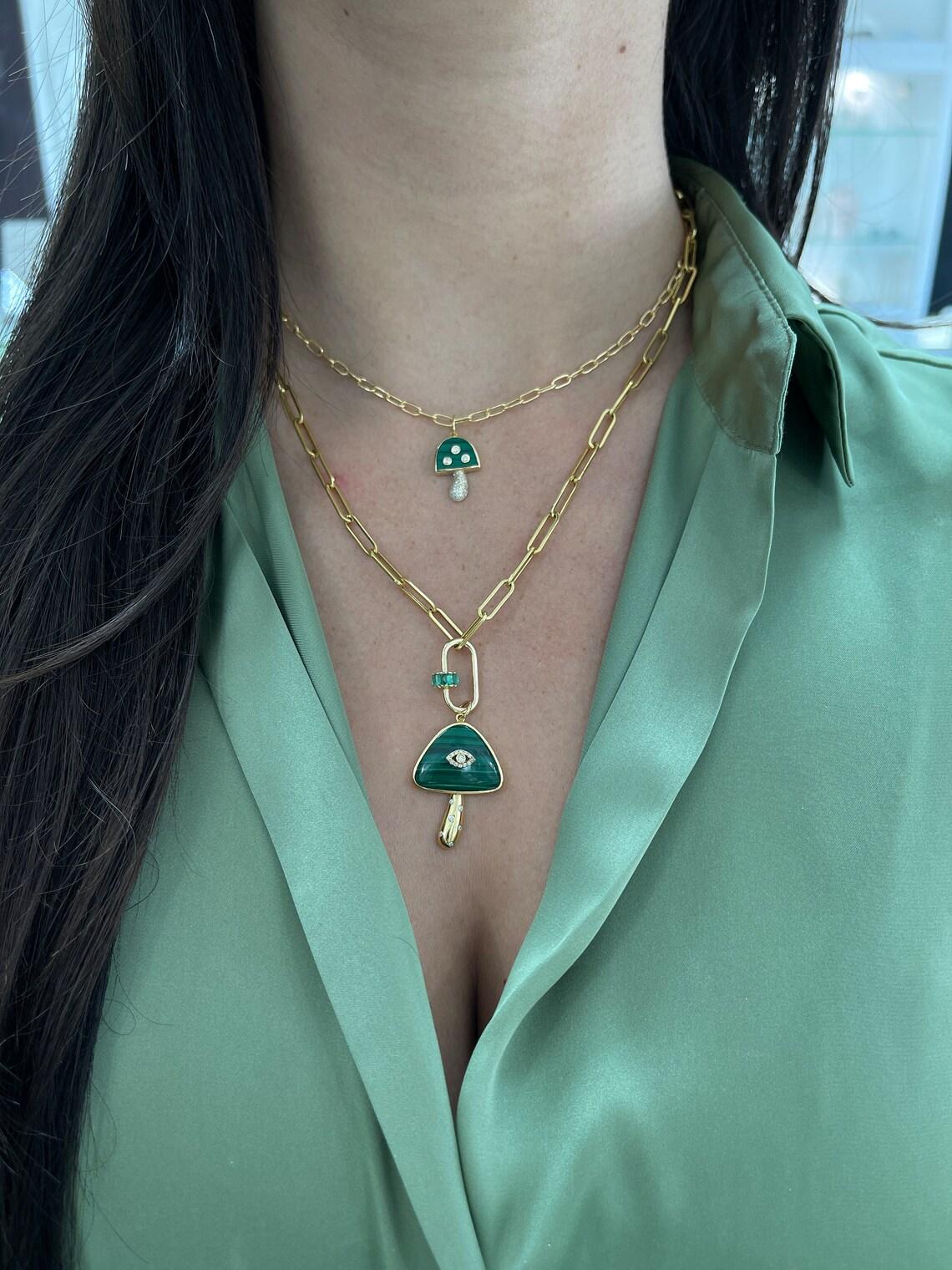 15.45tcw 14K Malachite & Diamond Mushroom Evil Eye Pendant Necklace Bezel Set For Sale 2