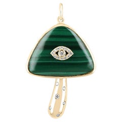 15.45tcw 14K Malachite & Diamond Mushroom Evil Eye Pendant Necklace Bezel Set