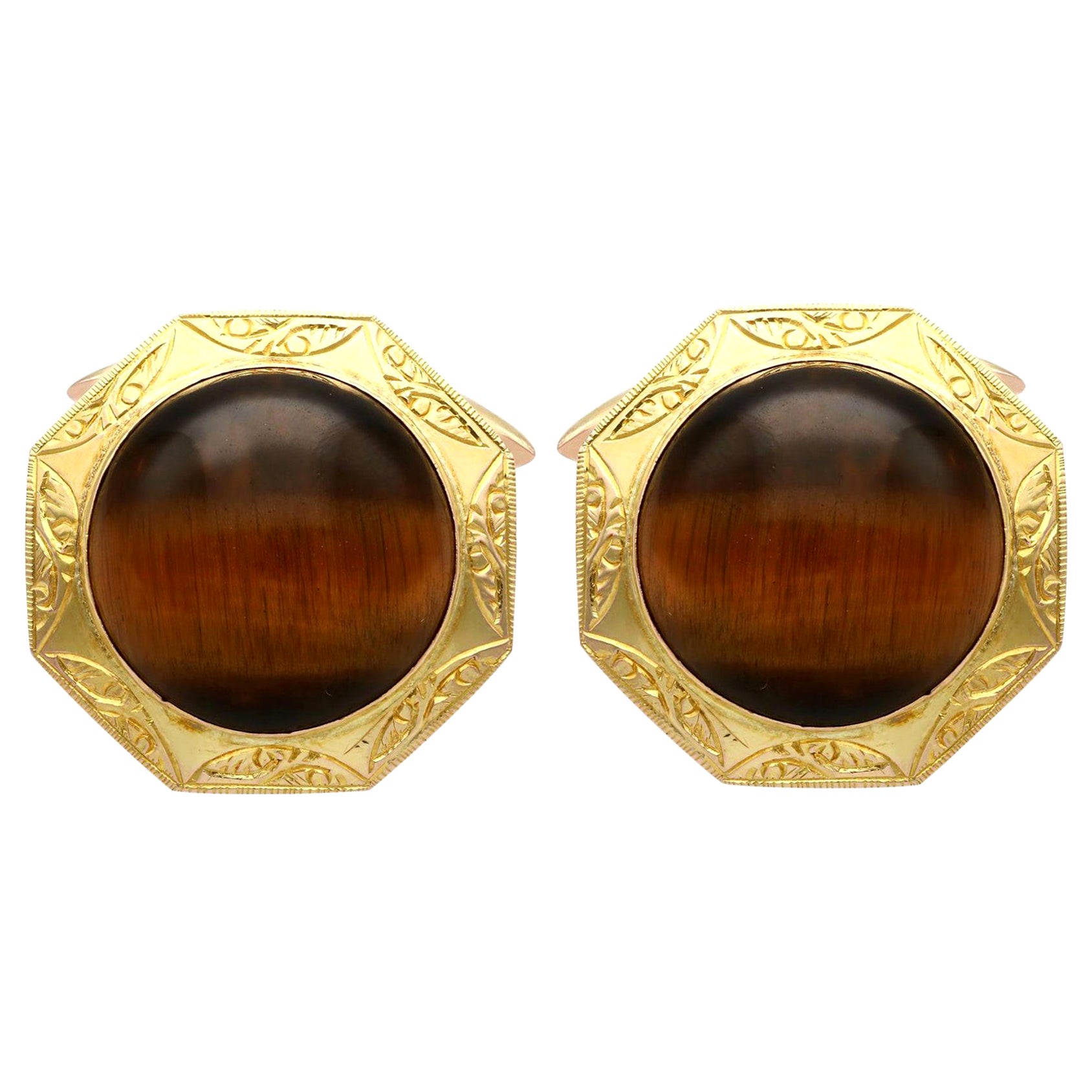 Gemelli in oro giallo e occhio di tigre taglio cabochon da 15,46 carati