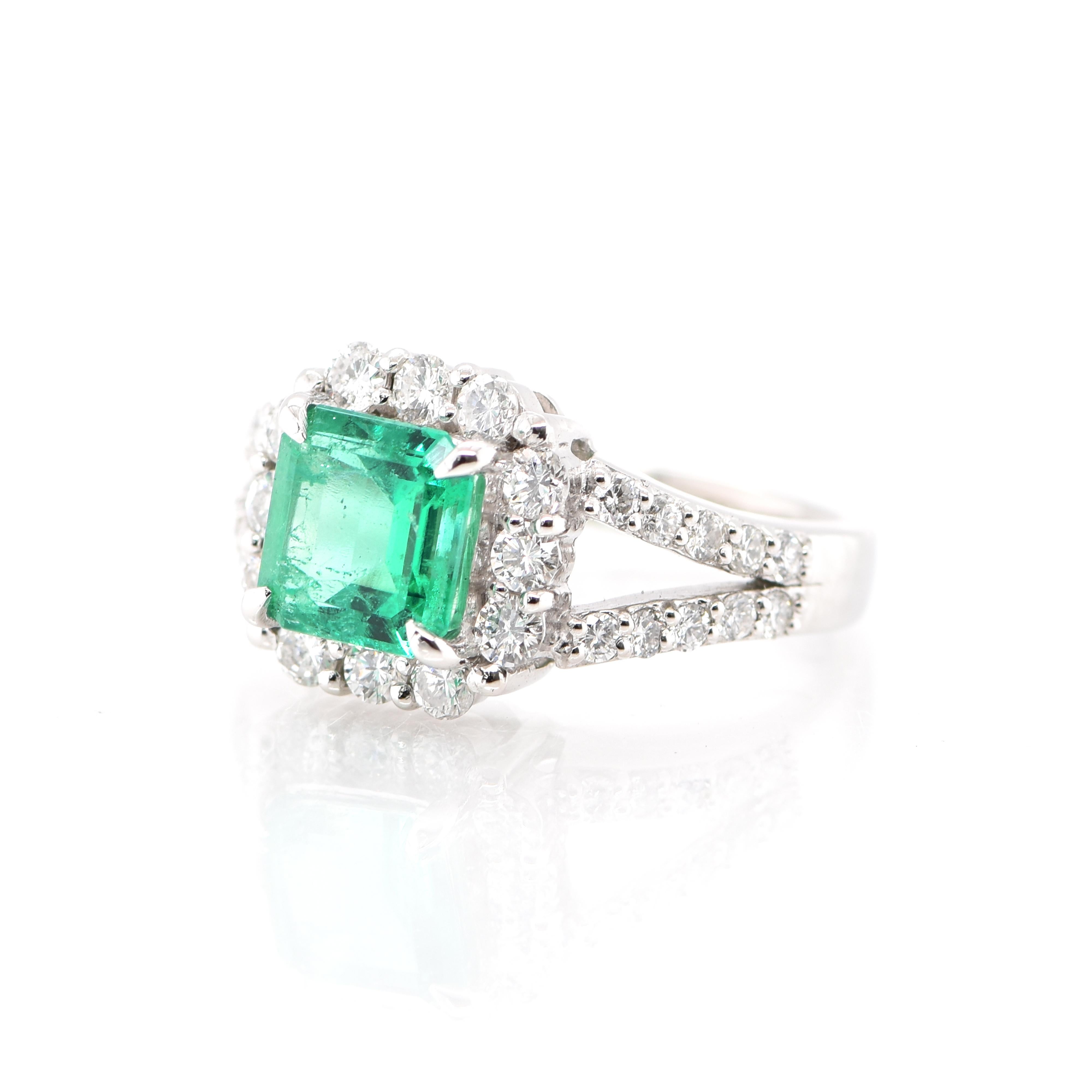 A stunning Engagement Ring featuring a 1.546 Carat Natural Emerald and 0.87 Carats of Diamond Accents set in Platinum. People have admired emerald’s green for thousands of years. Emeralds have always been associated with the lushest landscapes and