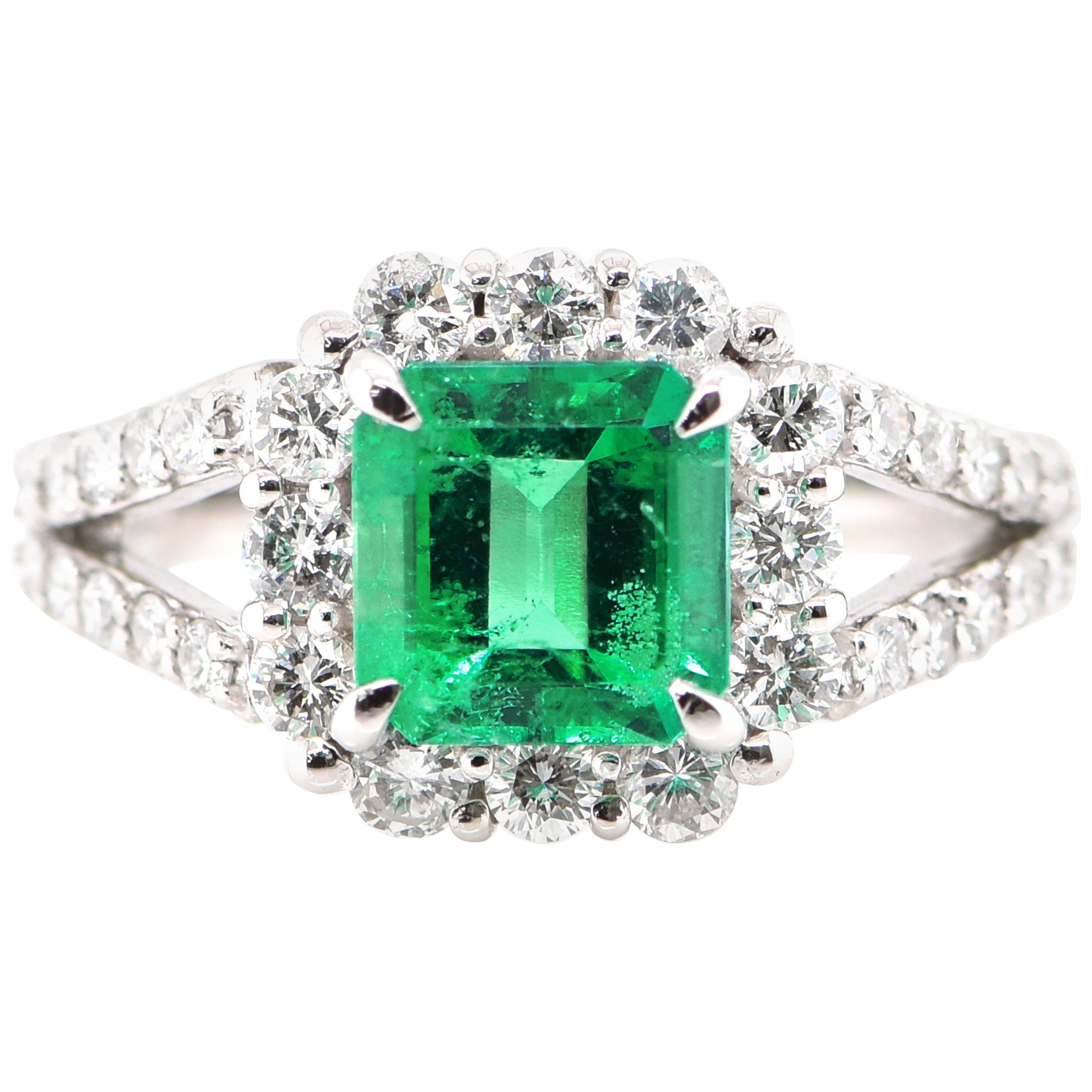 1.546 Carat Natural Emerald and Diamond Ring Set in Platinum