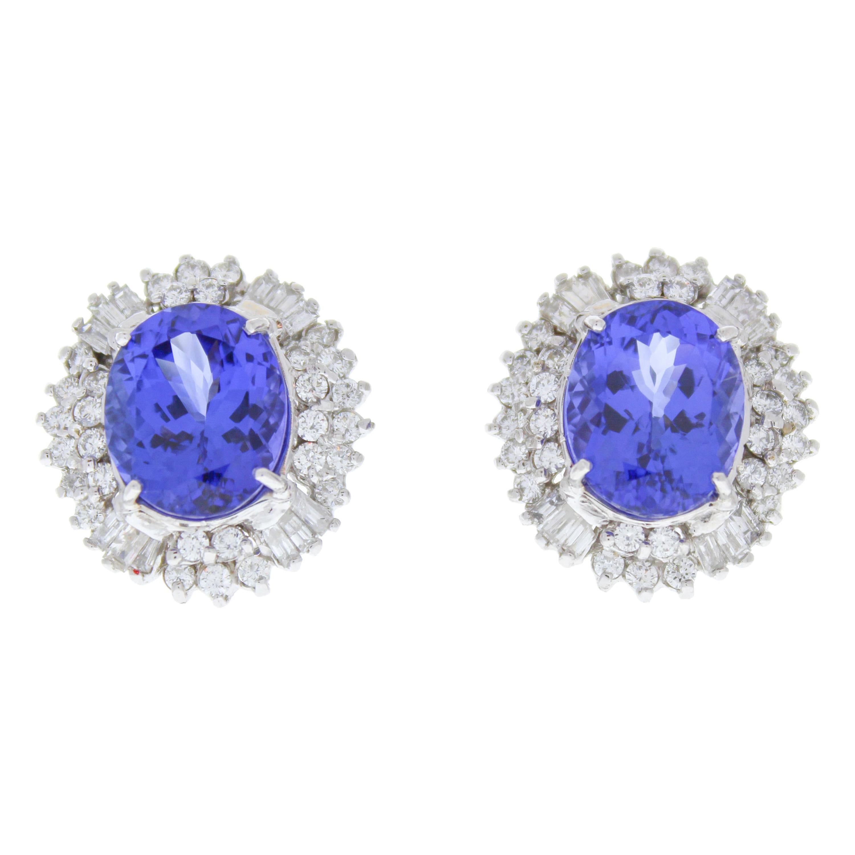 15.46 Carat Total Oval Tanzanite & Diamond Stud Earring in 18K White Gold For Sale