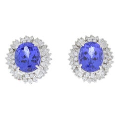 15.46 Carat Total Oval Tanzanite & Diamond Stud Earring in 18K White Gold