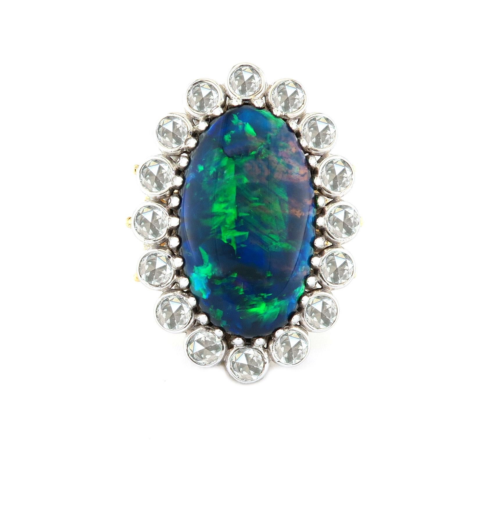 Art Nouveau 15.47 CT Lightning Ridge Opal Accented with 1.80 CT Rose Cut Diamonds 18KY/KW For Sale