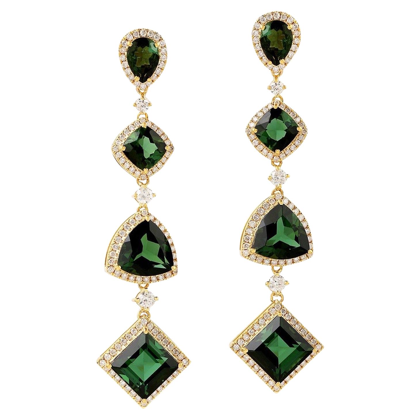 Boucles d'oreilles en or 18 carats avec diamants et tourmaline verte de 15,48 carats