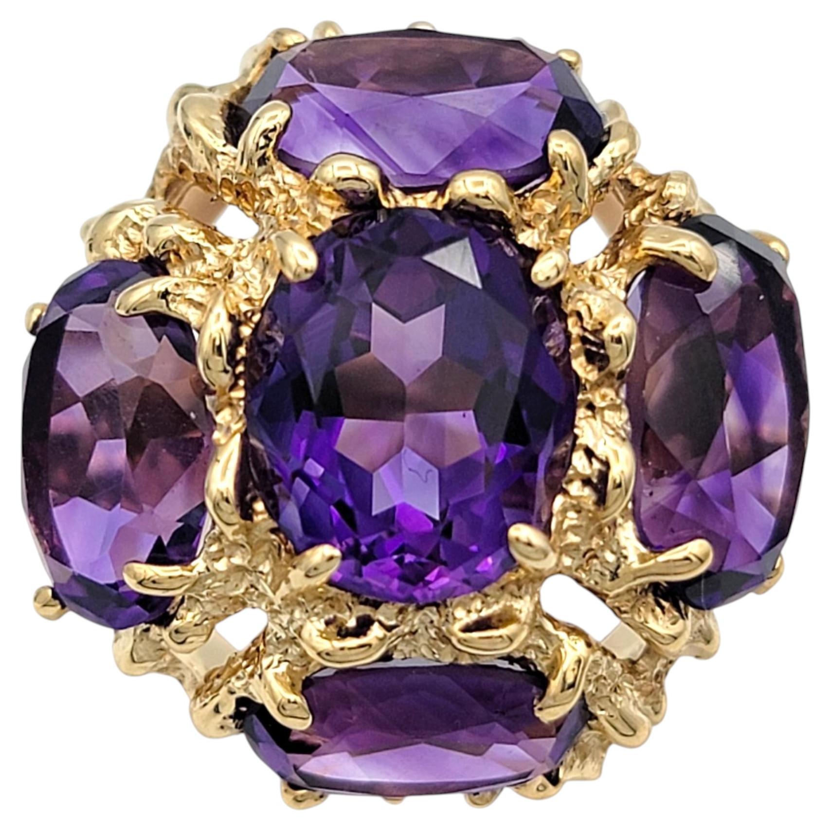 15.48 Carats Total Amethyst Oval Cut Cluster Cocktail Ring 14 Karat Yellow Gold