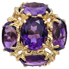 15.48 Carats Total Oval Cut Amethyst Cluster Cocktail Ring 14 Karat Yellow Gold