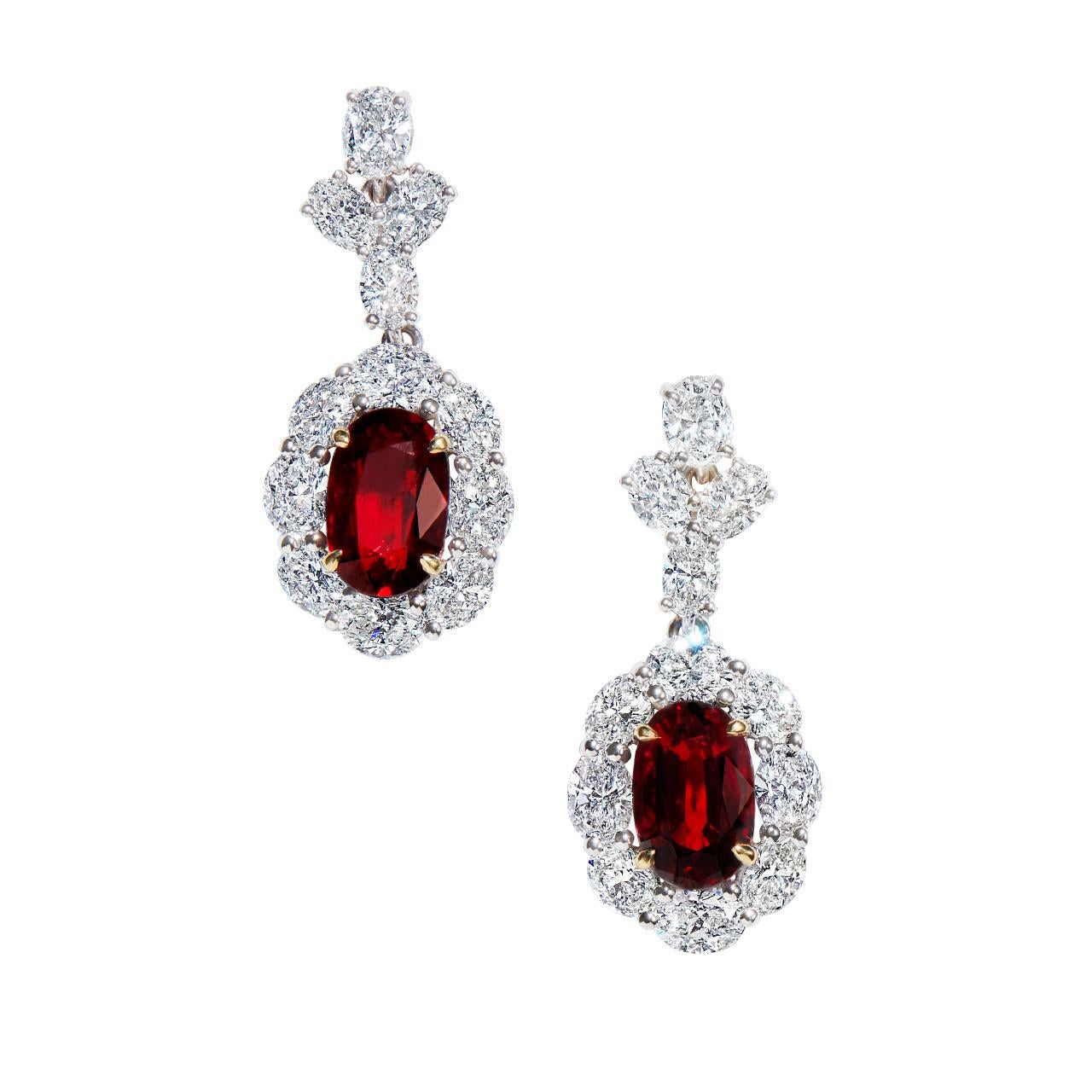 •	18KT Two-Tone
•	15.48 Carats
•	Sold as a pair (2 earrings in total)

•	Number of Oval Rubies: 2
•	Carat Weight:
o	4.02ct
o	Color: Vivid to Deep Red
o	GRS2019-091693

o	4.04ct
o	Color: Vivid Red
o	GRS2019-091694

•	Number of Oval Diamonds: