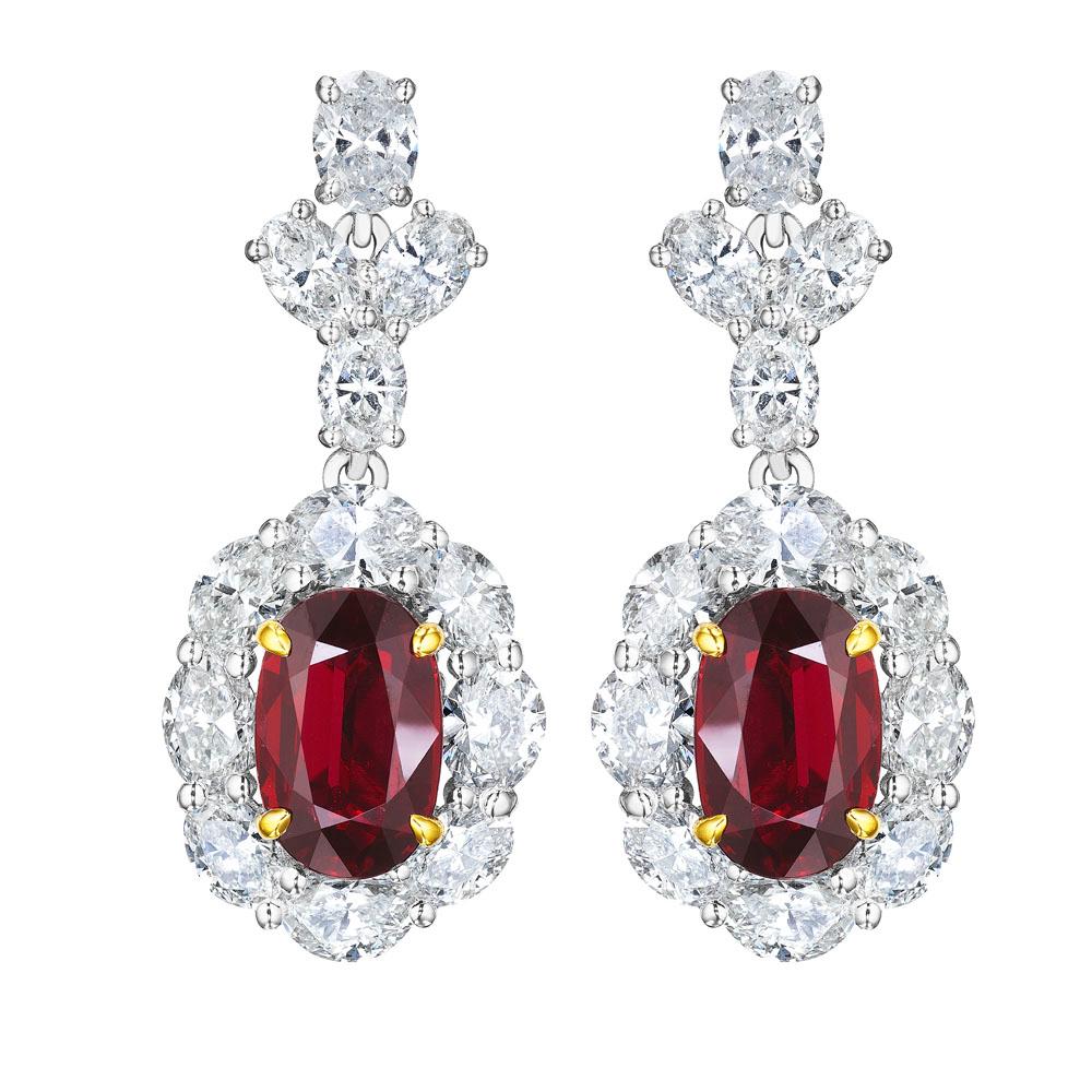 Modern 15.48ct GRS Certified Mozambique Oval Ruby & Diamond earrings in 18KT White Gold For Sale