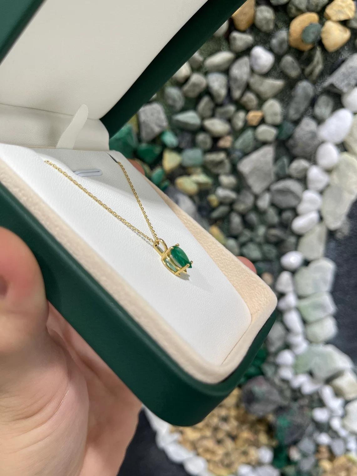 Modern 1.54ct 18K Dark Green Inverted Pear Cut Emerald Four Prong Solitaire Gold Pendan For Sale