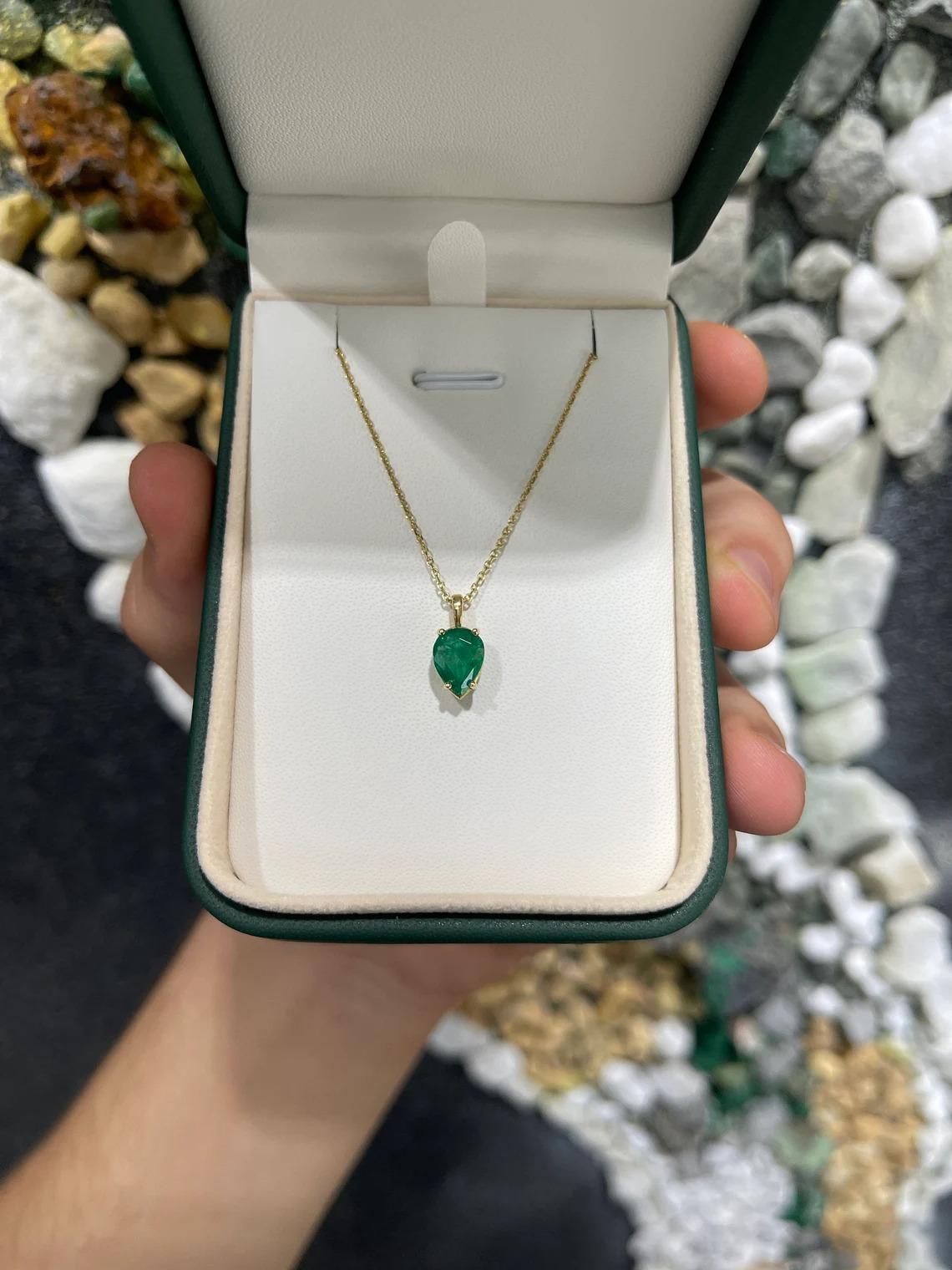 1.54ct 18K Dark Green Inverted Pear Cut Emerald Four Prong Solitaire Gold Pendan In New Condition For Sale In Jupiter, FL