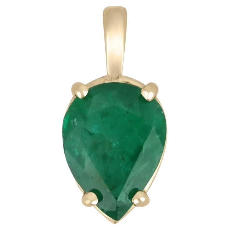 1.54ct 18K Dark Green Inverted Pear Cut Emerald Four Prong Solitaire Gold Pendan For Sale