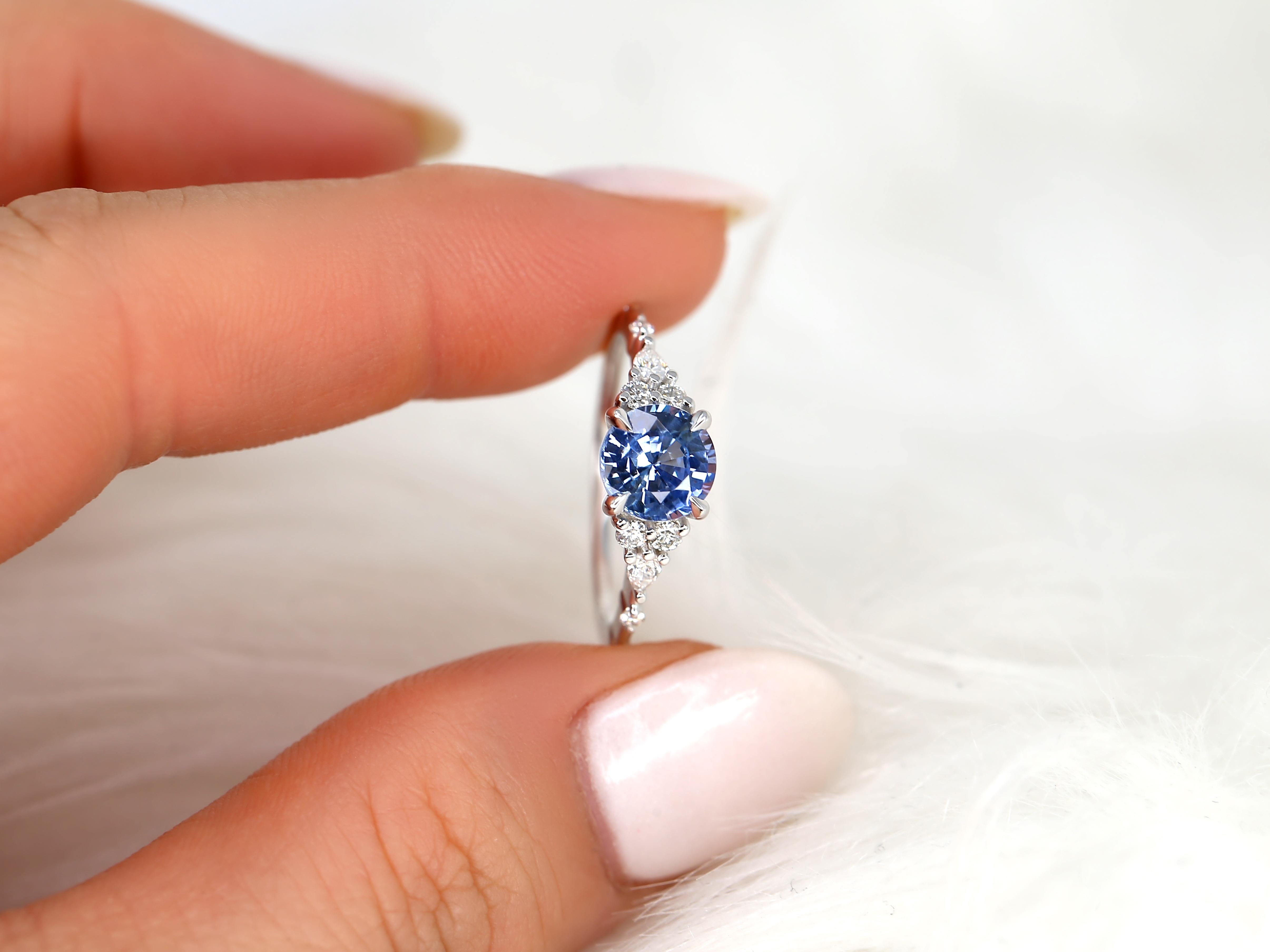 Art Deco 1.54ct Anastasia 14kt White Gold Cornflower Sapphire Diamond Cluster Ring For Sale