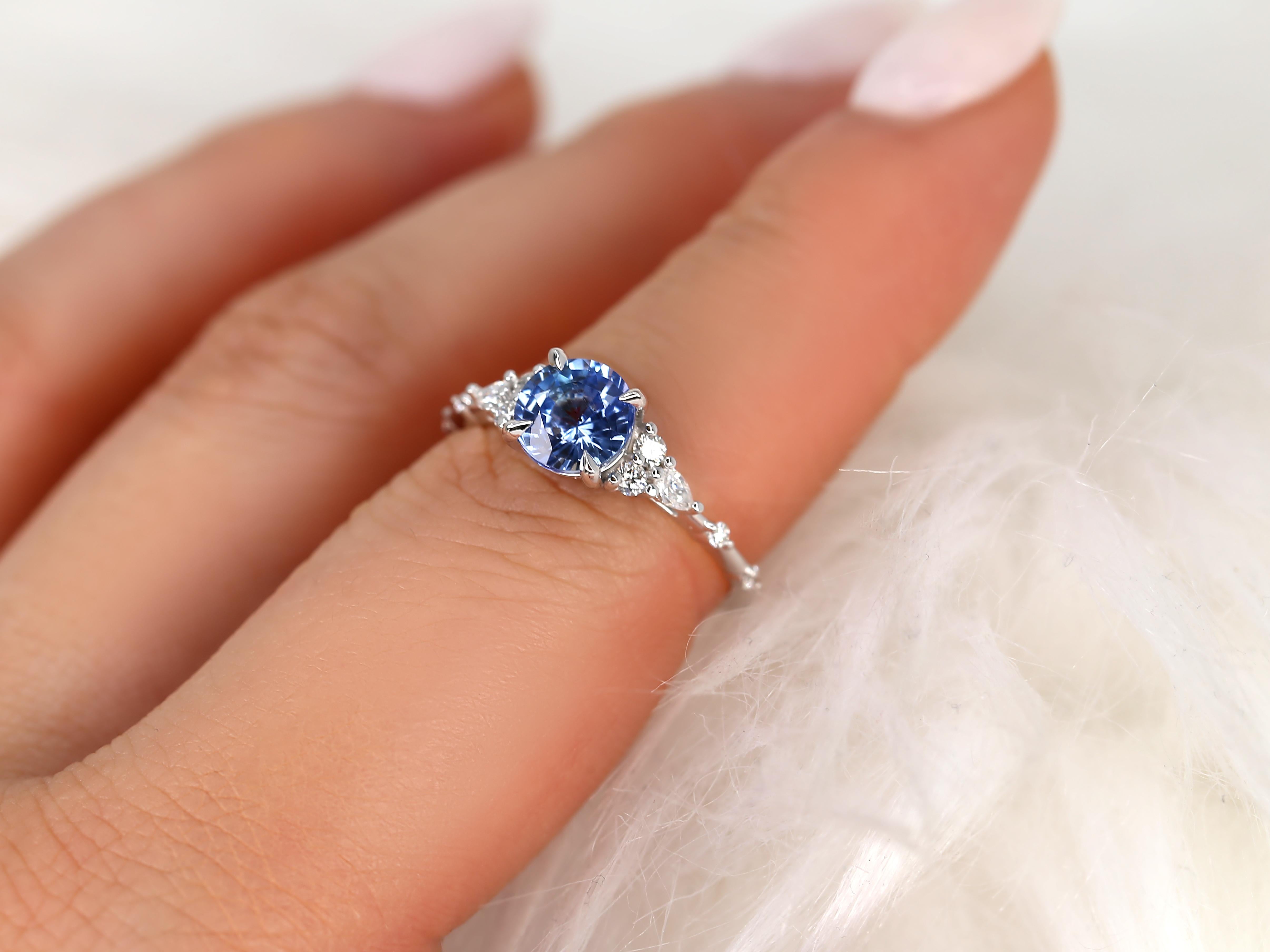 1.54ct Anastasia 14kt White Gold Cornflower Sapphire Diamond Cluster Ring In New Condition For Sale In Chicago, IL
