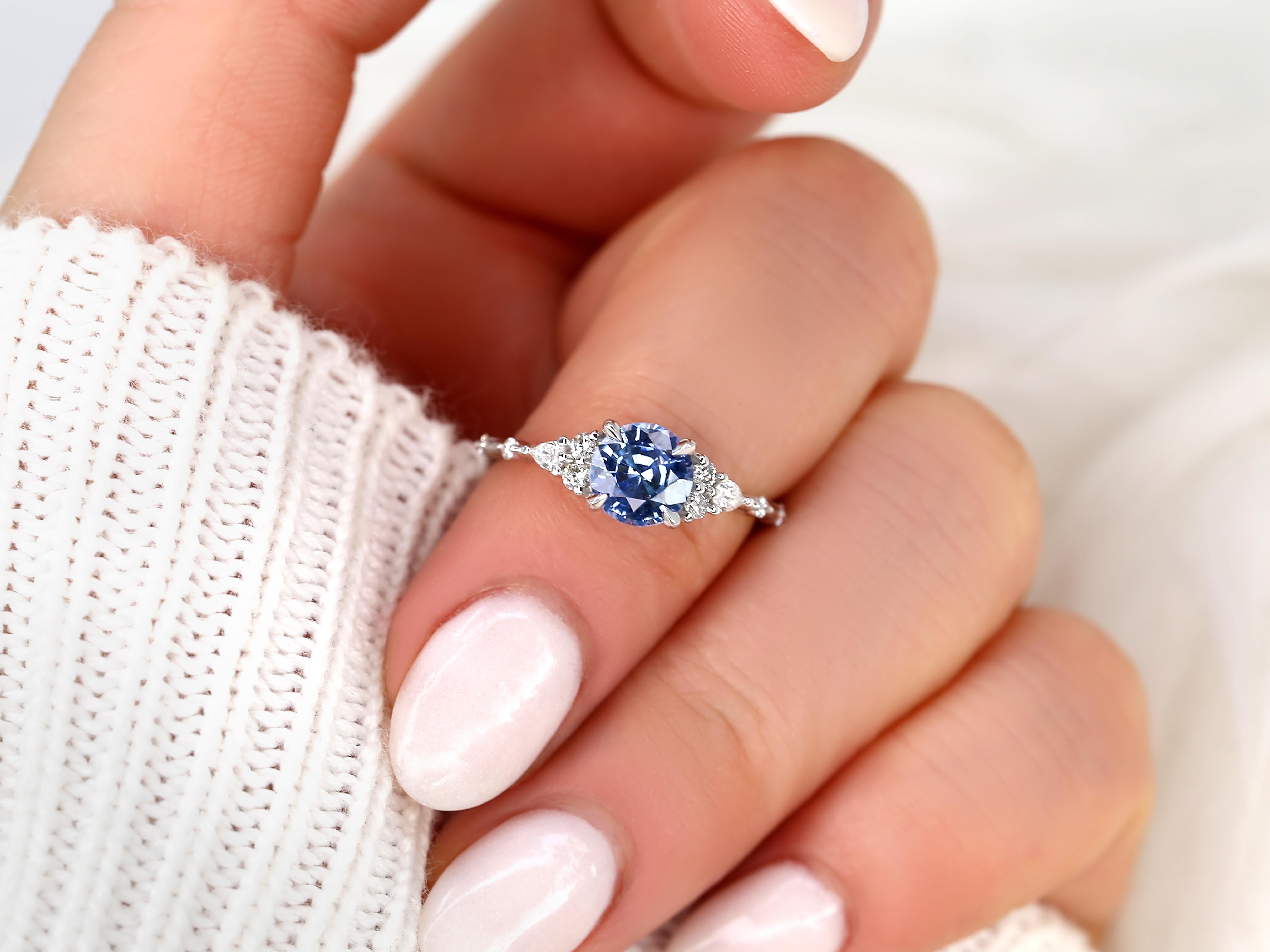 1.54ct Anastasia 14kt White Gold Cornflower Sapphire Diamond Cluster Ring For Sale 1