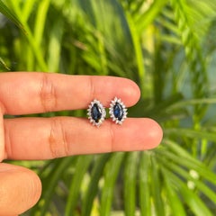 1.54Ct Deep Blue Sapphire & Diamond Halo Stud Earrings in 14K White Gold Jewelry