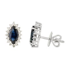 1.54Ct Deep Blue Sapphire & Diamond Halo Stud Earrings in 14K White Gold Jewelry