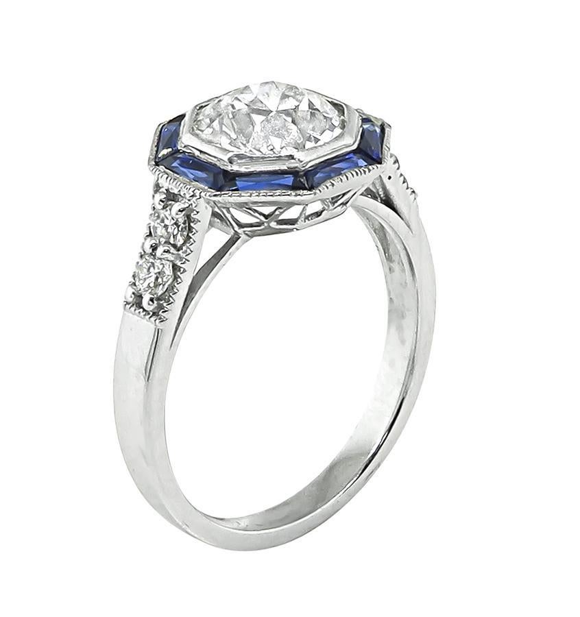 Old Mine Cut 1.54ct Diamond Sapphire Engagement Ring For Sale