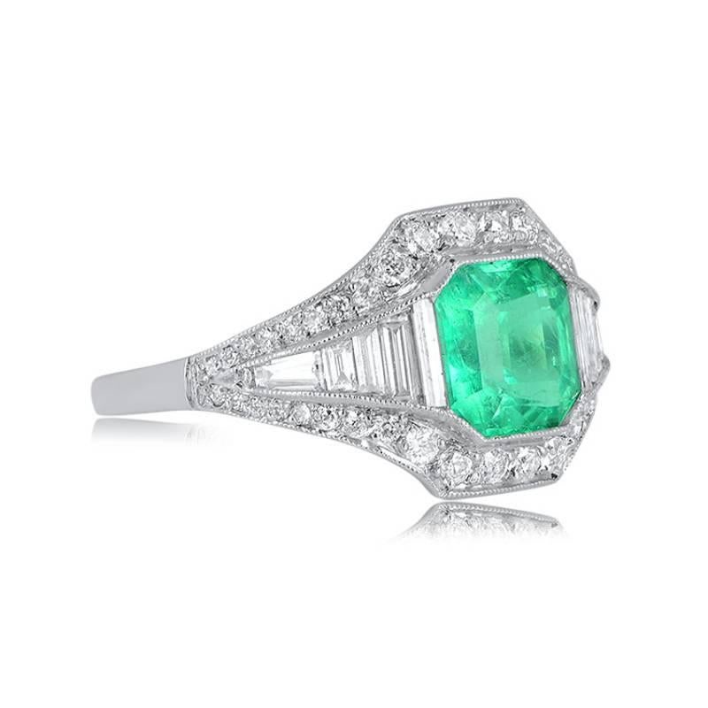 Art Deco 1.54ct Emerald Cut Colombian Natural Emerald Engagement Ring, Platinum 