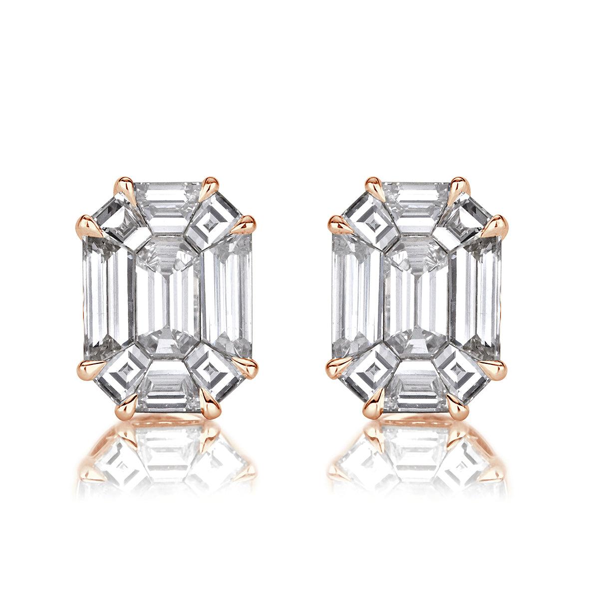 1.54ct Emerald Cut Mosaic Diamond Stud Earrings in 18K Rose Gold For Sale