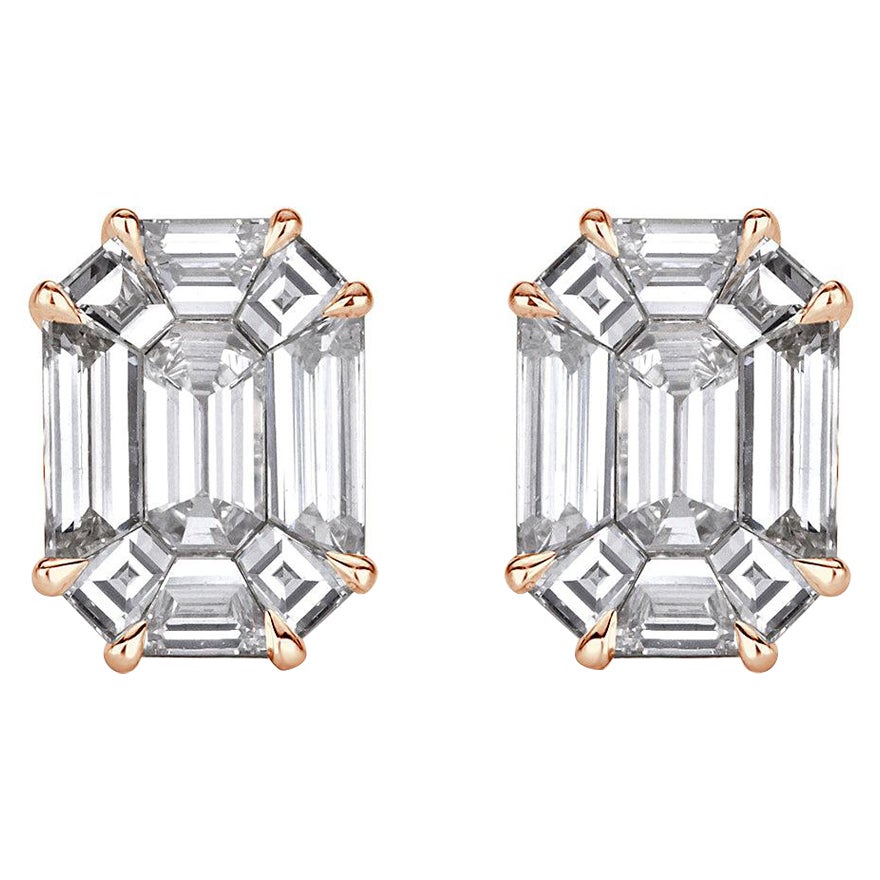 1.54ct Emerald Cut Mosaic Diamond Stud Earrings in 18K Rose Gold