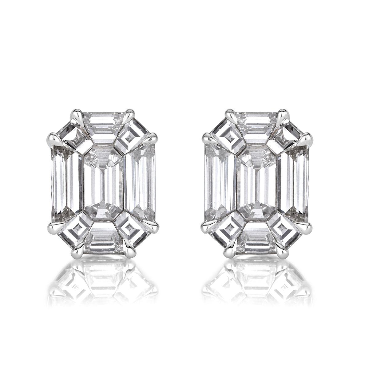 1.54ct Emerald Cut Mosaic Diamond Stud Earrings in 18K White Gold For Sale